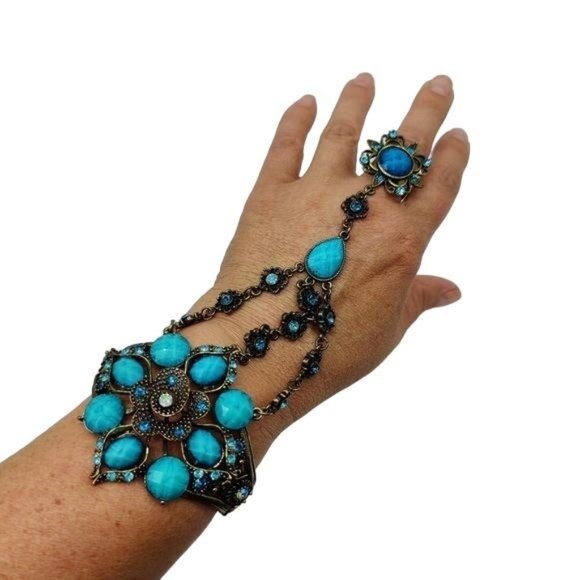 Ring Slave Bracelet Combo Hand Chain Silver Turquoise Adjustable Spring Cuff - Picture 2 of 8